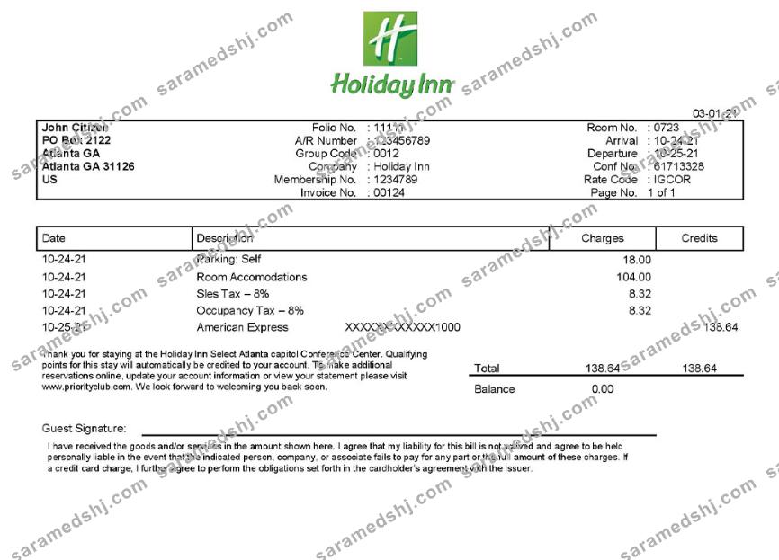 USA Holiday Inn InterContinental Hotels Group invoice template